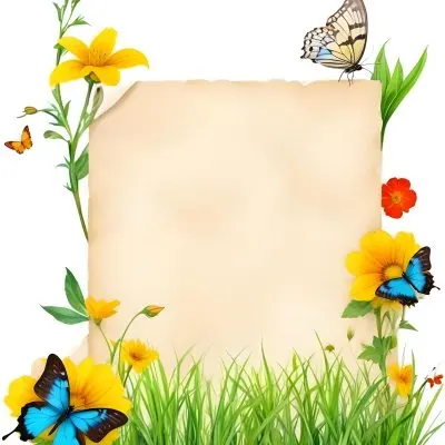 Digital Painting A Blank Parchment Paper Surrounded By Yellow Flowers Green Grass And Colorful Butterflies On A Colorful Background Creating A Vibrant And Natural Frame Bold And Slim Lines Brush Strokes 19 9a48
