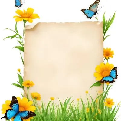 Digital Painting A Blank Parchment Paper Surrounded By Yellow Flowers Green Grass And Colorful Butterflies On A Colorful Background Creating A Vibrant And Natural Frame Bold And Slim Lines Brush Strokes 23 6c5a