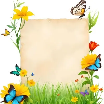 Digital Painting A Blank Parchment Paper Surrounded By Yellow Flowers Green Grass And Colorful Butterflies On A Colorful Background Creating A Vibrant And Natural Frame Bold And Slim Lines Brush Strokes 27 3248