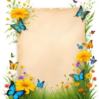 Digital Painting A Blank Parchment Paper Surrounded By Yellow Flowers Green Grass And Colorful Butterflies On A Colorful Background Creating A Vibrant And Natural Frame Bold And Slim Lines Brush Strokes 3 08d4