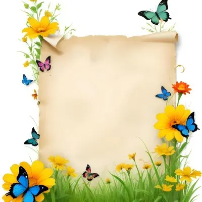 Digital Painting A Blank Parchment Paper Surrounded By Yellow Flowers Green Grass And Colorful Butterflies On A Colorful Background Creating A Vibrant And Natural Frame Bold And Slim Lines Brush Strokes 5 80d7