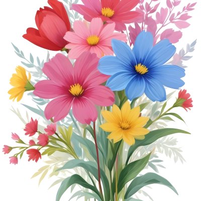 Digital Painting A Bouquet Of Vibrant Flowers Featuring Pink Red Blue And Yellow Blooms With Green Foliage The Flowers Have Large Petals And A Soft Appearance Arranged In A Lush Display Bold And Slim Lines Bru 11 163a