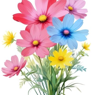 Digital Painting A Bouquet Of Vibrant Flowers Featuring Pink Red Blue And Yellow Blooms With Green Foliage The Flowers Have Large Petals And A Soft Appearance Arranged In A Lush Display Bold And Slim Lines Bru 12 7ce6