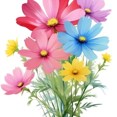 Digital Painting A Bouquet Of Vibrant Flowers Featuring Pink Red Blue And Yellow Blooms With Green Foliage The Flowers Have Large Petals And A Soft Appearance Arranged In A Lush Display Bold And Slim Lines Bru 15 7fa0
