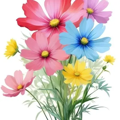 Digital Painting A Bouquet Of Vibrant Flowers Featuring Pink Red Blue And Yellow Blooms With Green Foliage The Flowers Have Large Petals And A Soft Appearance Arranged In A Lush Display Bold And Slim Lines Bru 16 9c0a