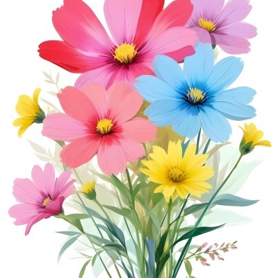 Digital Painting A Bouquet Of Vibrant Flowers Featuring Pink Red Blue And Yellow Blooms With Green Foliage The Flowers Have Large Petals And A Soft Appearance Arranged In A Lush Display Bold And Slim Lines Bru 18 3e5b