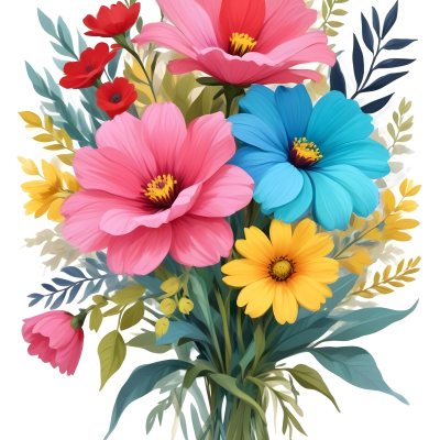Digital Painting A Bouquet Of Vibrant Flowers Featuring Pink Red Blue And Yellow Blooms With Green Foliage The Flowers Have Large Petals And A Soft Appearance Arranged In A Lush Display Bold And Slim Lines Bru 19 462a