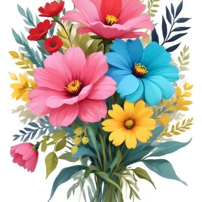 Digital Painting A Bouquet Of Vibrant Flowers Featuring Pink Red Blue And Yellow Blooms With Green Foliage The Flowers Have Large Petals And A Soft Appearance Arranged In A Lush Display Bold And Slim Lines Bru 19 462a