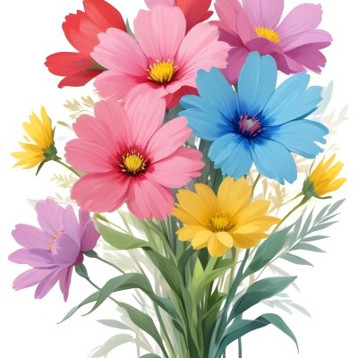 Digital Painting A Bouquet Of Vibrant Flowers Featuring Pink Red Blue And Yellow Blooms With Green Foliage The Flowers Have Large Petals And A Soft Appearance Arranged In A Lush Display Bold And Slim Lines Bru 21 Caec