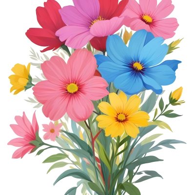 Digital Painting A Bouquet Of Vibrant Flowers Featuring Pink Red Blue And Yellow Blooms With Green Foliage The Flowers Have Large Petals And A Soft Appearance Arranged In A Lush Display Bold And Slim Lines Bru 22 A7ce