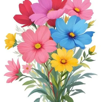 Digital Painting A Bouquet Of Vibrant Flowers Featuring Pink Red Blue And Yellow Blooms With Green Foliage The Flowers Have Large Petals And A Soft Appearance Arranged In A Lush Display Bold And Slim Lines Bru 22 A7ce