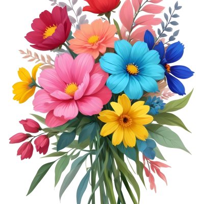 Digital Painting A Bouquet Of Vibrant Flowers Featuring Pink Red Blue And Yellow Blooms With Green Foliage The Flowers Have Large Petals And A Soft Appearance Arranged In A Lush Display Bold And Slim Lines Bru 23 B8bf