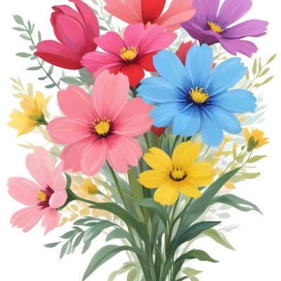 Digital Painting A Bouquet Of Vibrant Flowers Featuring Pink Red Blue And Yellow Blooms With Green Foliage The Flowers Have Large Petals And A Soft Appearance Arranged In A Lush Display Bold And Slim Lines Bru 26 6d4b