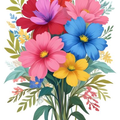 Digital Painting A Bouquet Of Vibrant Flowers Featuring Pink Red Blue And Yellow Blooms With Green Foliage The Flowers Have Large Petals And A Soft Appearance Arranged In A Lush Display Bold And Slim Lines Bru 27 859a