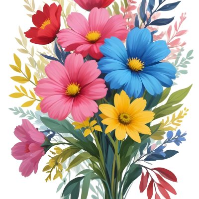 Digital Painting A Bouquet Of Vibrant Flowers Featuring Pink Red Blue And Yellow Blooms With Green Foliage The Flowers Have Large Petals And A Soft Appearance Arranged In A Lush Display Bold And Slim Lines Bru 29 9655