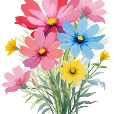 Digital Painting A Bouquet Of Vibrant Flowers Featuring Pink Red Blue And Yellow Blooms With Green Foliage The Flowers Have Large Petals And A Soft Appearance Arranged In A Lush Display Bold And Slim Lines Bru 3 476d