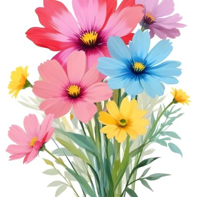 Digital Painting A Bouquet Of Vibrant Flowers Featuring Pink Red Blue And Yellow Blooms With Green Foliage The Flowers Have Large Petals And A Soft Appearance Arranged In A Lush Display Bold And Slim Lines Bru 30 6e21