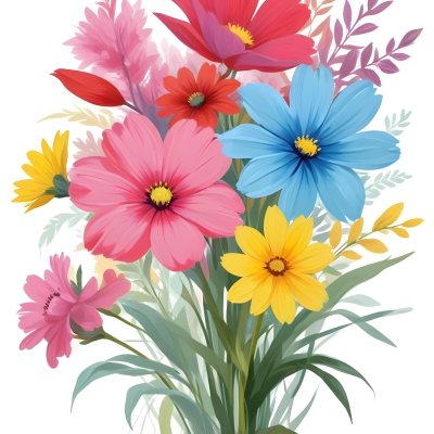 Digital Painting A Bouquet Of Vibrant Flowers Featuring Pink Red Blue And Yellow Blooms With Green Foliage The Flowers Have Large Petals And A Soft Appearance Arranged In A Lush Display Bold And Slim Lines Bru 31 7cf8