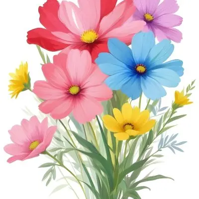 Digital Painting A Bouquet Of Vibrant Flowers Featuring Pink Red Blue And Yellow Blooms With Green Foliage The Flowers Have Large Petals And A Soft Appearance Arranged In A Lush Display Bold And Slim Lines Bru 32 98e7