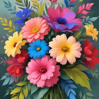 Digital Painting A Bouquet Of Vibrant Flowers Featuring Pink Red Blue And Yellow Blooms With Green Foliage The Flowers Have Large Petals And A Soft Appearance Arranged In A Lush Display Bold And Slim Lines Bru 33 Fe5f