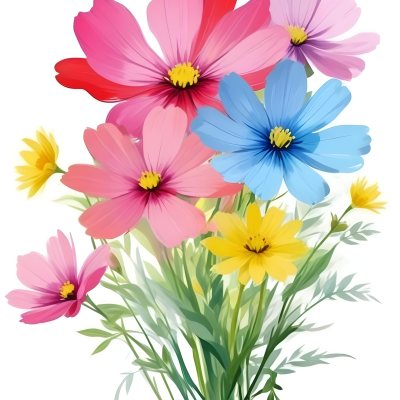 Digital Painting A Bouquet Of Vibrant Flowers Featuring Pink Red Blue And Yellow Blooms With Green Foliage The Flowers Have Large Petals And A Soft Appearance Arranged In A Lush Display Bold And Slim Lines Bru 34 D0c2