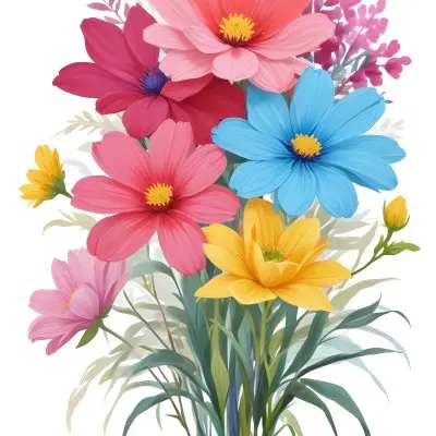 Digital Painting A Bouquet Of Vibrant Flowers Featuring Pink Red Blue And Yellow Blooms With Green Foliage The Flowers Have Large Petals And A Soft Appearance Arranged In A Lush Display Bold And Slim Lines Bru 35 C190