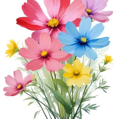 Digital Painting A Bouquet Of Vibrant Flowers Featuring Pink Red Blue And Yellow Blooms With Green Foliage The Flowers Have Large Petals And A Soft Appearance Arranged In A Lush Display Bold And Slim Lines Bru 36 7444