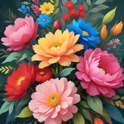 Digital Painting A Bouquet Of Vibrant Flowers Featuring Pink Red Blue And Yellow Blooms With Green Foliage The Flowers Have Large Petals And A Soft Appearance Arranged In A Lush Display Bold And Slim Lines Bru 37 Bb3f