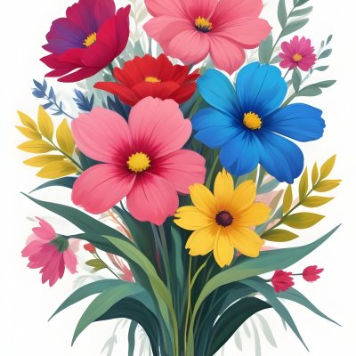 Digital Painting A Bouquet Of Vibrant Flowers Featuring Pink Red Blue And Yellow Blooms With Green Foliage The Flowers Have Large Petals And A Soft Appearance Arranged In A Lush Display Bold And Slim Lines Bru 39 9beb