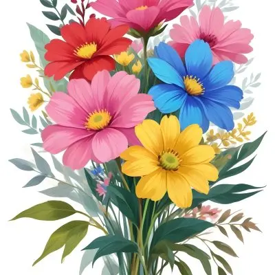 Digital Painting A Bouquet Of Vibrant Flowers Featuring Pink Red Blue And Yellow Blooms With Green Foliage The Flowers Have Large Petals And A Soft Appearance Arranged In A Lush Display Bold And Slim Lines Bru 41 9c95