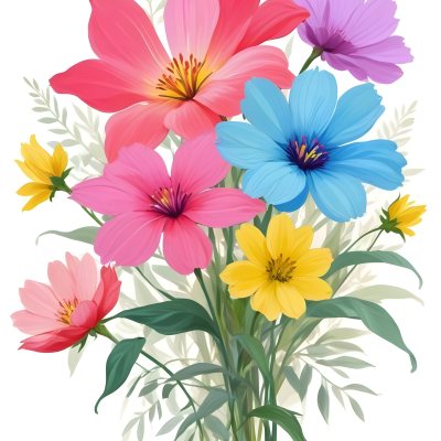 Digital Painting A Bouquet Of Vibrant Flowers Featuring Pink Red Blue And Yellow Blooms With Green Foliage The Flowers Have Large Petals And A Soft Appearance Arranged In A Lush Display Bold And Slim Lines Bru 42 C62c