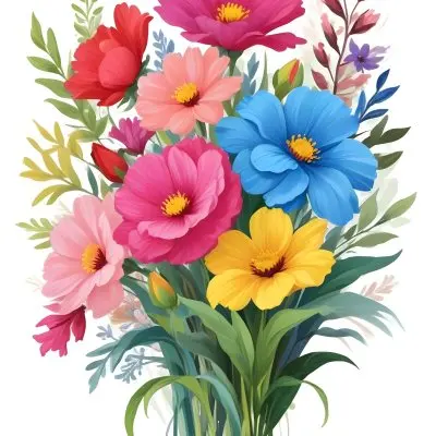 Digital Painting A Bouquet Of Vibrant Flowers Featuring Pink Red Blue And Yellow Blooms With Green Foliage The Flowers Have Large Petals And A Soft Appearance Arranged In A Lush Display Bold And Slim Lines Bru 43 743f