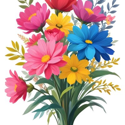 Digital Painting A Bouquet Of Vibrant Flowers Featuring Pink Red Blue And Yellow Blooms With Green Foliage The Flowers Have Large Petals And A Soft Appearance Arranged In A Lush Display Bold And Slim Lines Bru 45 132d
