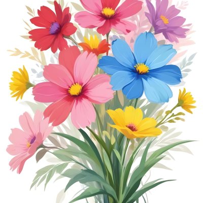 Digital Painting A Bouquet Of Vibrant Flowers Featuring Pink Red Blue And Yellow Blooms With Green Foliage The Flowers Have Large Petals And A Soft Appearance Arranged In A Lush Display Bold And Slim Lines Bru 46 D59e