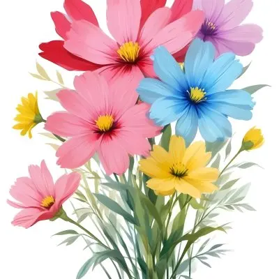 Digital Painting A Bouquet Of Vibrant Flowers Featuring Pink Red Blue And Yellow Blooms With Green Foliage The Flowers Have Large Petals And A Soft Appearance Arranged In A Lush Display Bold And Slim Lines Bru 48 A1a0