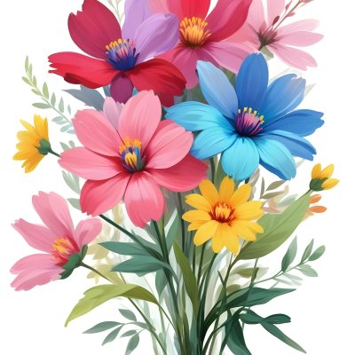 Digital Painting A Bouquet Of Vibrant Flowers Featuring Pink Red Blue And Yellow Blooms With Green Foliage The Flowers Have Large Petals And A Soft Appearance Arranged In A Lush Display Bold And Slim Lines Bru 49 1e2a