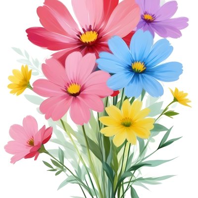 Digital Painting A Bouquet Of Vibrant Flowers Featuring Pink Red Blue And Yellow Blooms With Green Foliage The Flowers Have Large Petals And A Soft Appearance Arranged In A Lush Display Bold And Slim Lines Bru 5 2bf8