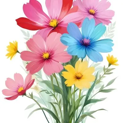 Digital Painting A Bouquet Of Vibrant Flowers Featuring Pink Red Blue And Yellow Blooms With Green Foliage The Flowers Have Large Petals And A Soft Appearance Arranged In A Lush Display Bold And Slim Lines Bru 50 C242