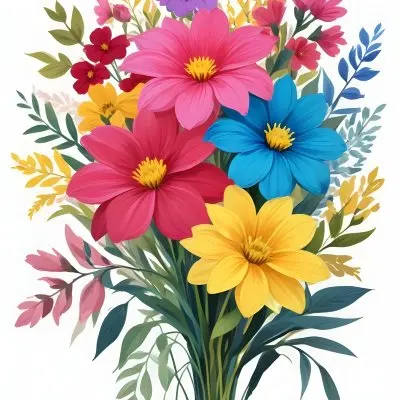 Digital Painting A Bouquet Of Vibrant Flowers Featuring Pink Red Blue And Yellow Blooms With Green Foliage The Flowers Have Large Petals And A Soft Appearance Arranged In A Lush Display Bold And Slim Lines Bru 51 8191