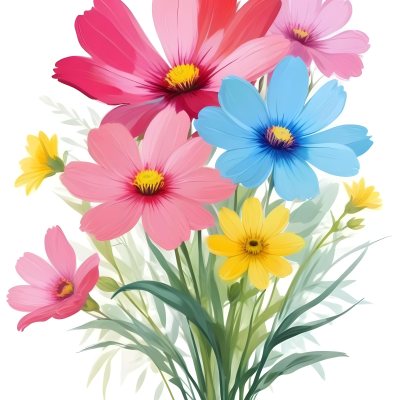 Digital Painting A Bouquet Of Vibrant Flowers Featuring Pink Red Blue And Yellow Blooms With Green Foliage The Flowers Have Large Petals And A Soft Appearance Arranged In A Lush Display Bold And Slim Lines Bru 52 Ce74