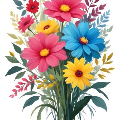 Digital Painting A Bouquet Of Vibrant Flowers Featuring Pink Red Blue And Yellow Blooms With Green Foliage The Flowers Have Large Petals And A Soft Appearance Arranged In A Lush Display Bold And Slim Lines Bru 55 4d29