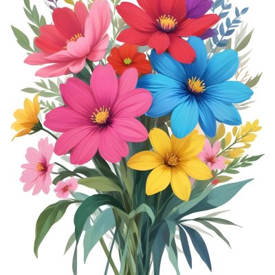 Digital Painting A Bouquet Of Vibrant Flowers Featuring Pink Red Blue And Yellow Blooms With Green Foliage The Flowers Have Large Petals And A Soft Appearance Arranged In A Lush Display Bold And Slim Lines Bru 57 D063