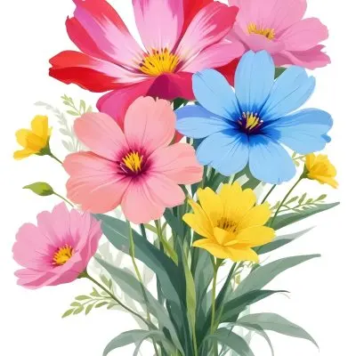 Digital Painting A Bouquet Of Vibrant Flowers Featuring Pink Red Blue And Yellow Blooms With Green Foliage The Flowers Have Large Petals And A Soft Appearance Arranged In A Lush Display Bold And Slim Lines Bru 59 8beb