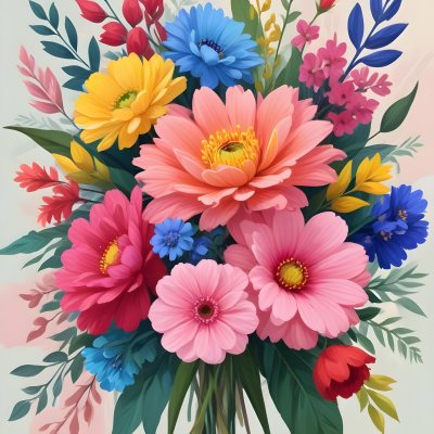 Digital Painting A Bouquet Of Vibrant Flowers Featuring Pink Red Blue And Yellow Blooms With Green Foliage The Flowers Have Large Petals And A Soft Appearance Arranged In A Lush Display Bold And Slim Lines Bru 63 B53c