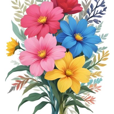 Digital Painting A Bouquet Of Vibrant Flowers Featuring Pink Red Blue And Yellow Blooms With Green Foliage The Flowers Have Large Petals And A Soft Appearance Arranged In A Lush Display Bold And Slim Lines Bru 64 74f6
