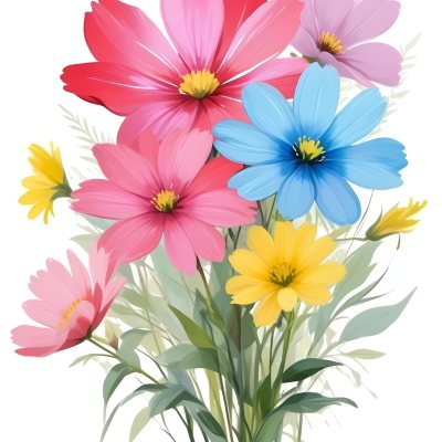 Digital Painting A Bouquet Of Vibrant Flowers Featuring Pink Red Blue And Yellow Blooms With Green Foliage The Flowers Have Large Petals And A Soft Appearance Arranged In A Lush Display Bold And Slim Lines Bru 7 6d74