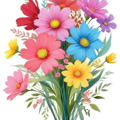 Digital Painting A Bouquet Of Vibrant Flowers Featuring Pink Red Blue And Yellow Blooms With Green Foliage The Flowers Have Large Petals And A Soft Appearance Arranged In A Lush Display Bold And Slim Lines Bru 8 A3a7