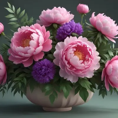 Digital Painting A Bouquet Of Vibrant Pink And Purple Flowers Including Large Peonies Surrounded By Lush Green Leaves And Delicate Floral Accents The Background Is A Soft Neutral Tone Allowing The Colorful Fl 34 21c9