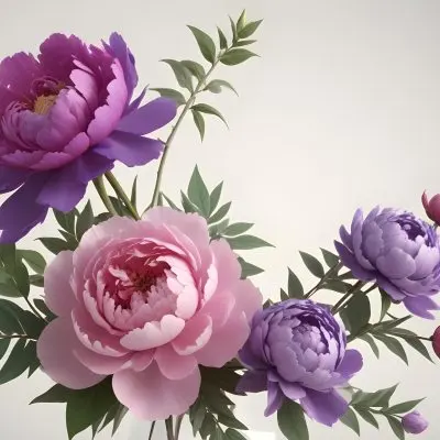 Digital Painting A Bouquet Of Vibrant Pink And Purple Flowers Including Large Peonies Surrounded By Lush Green Leaves And Delicate Floral Accents The Background Is A Soft Neutral Tone Allowing The Colorful Fl 36 5768