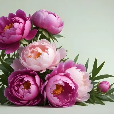 Digital Painting A Bouquet Of Vibrant Pink And Purple Flowers Including Large Peonies Surrounded By Lush Green Leaves And Delicate Floral Accents The Background Is A Soft Neutral Tone Allowing The Colorful Fl 5 64cc
